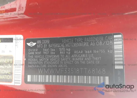 2008 Mini Cooper Hardtop from USA, damaged, VIN WMWMF33518TT68168